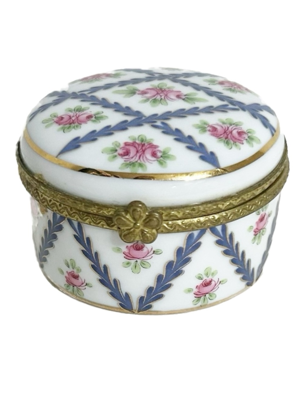 Vintage Porcelain Trinket Box Pink Roses Blue Laurel Wreath Gold Gilt Mounts
